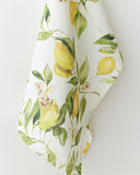 Linen tea towel in Citrus garden print on white