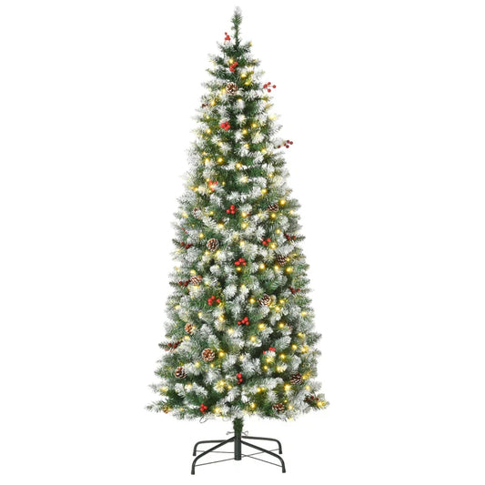 HOMCOM 6ft Pre-Lit Snow-Dipped Artificial Christmas Tree with Realistic Branches, 300 LED Lights, Pine Cones, Red Berries and 618 Tips