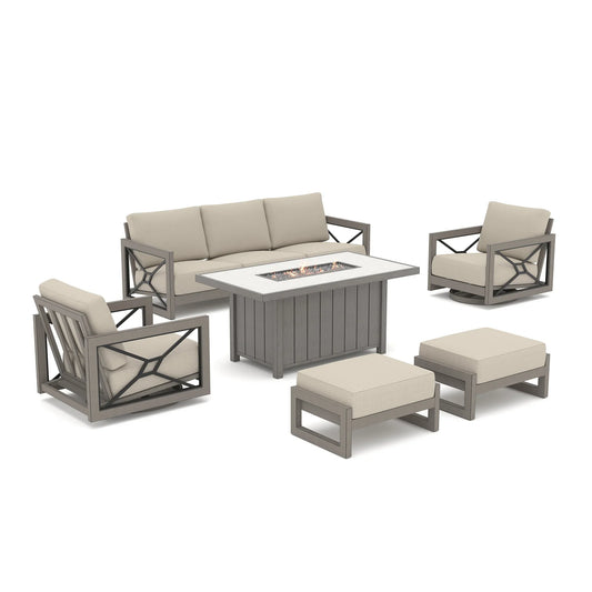 Marindo 6-Piece Faux-Wood Aluminum Swivel Patio Set with Fire Pit and Ottomans