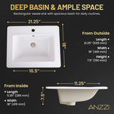 Jack Series 21 in. Rectangular Ceramic Drop-In Bathroom Sink Basin in Glossy White with Single Faucet Hole and Overflow