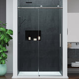 Mountain 48 in. W x 76 in. H Reversible Frameless Sliding Glass Shower Door with Soft-Close System - Multiple Finishes