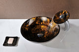 Timbre Series 17 in. Round Bathroom Vessel Sink in Kindled Amber Finish Glass with Matching Chrome Waterfall Faucet
