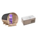 4-6 Person Electric Rock Heater Outdoor Barrel Panoramic Cedar Sauna with 1-Person Chestnut Cold Plunge & 1-Hp Chiller