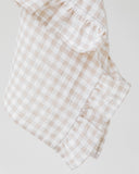 Ruffle trim linen tea towel in Natural gingham