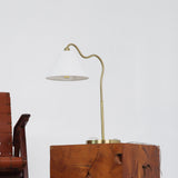 Ornate Brass Ring Base Curved Table Lamp with Triangle White Drum Shade