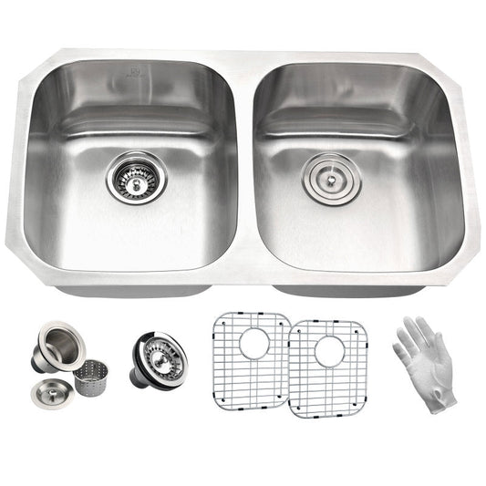 Moore Series 14.625 in. Undermount Double Bowl 16 Gauge Brushed Satin Finish Stainless Steel Kitchen Sink with Drain