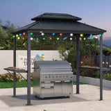 PURPLE LEAF Hardtop Grill Gazebo for Patio Grey Permanent Metal Roof Outside Sun Shade Outdoor BBQ Canopy with String Lights