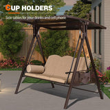 PURPLE LEAF Outdoor Porch Swing with Adjustable PVC Canopy, 3-seat Swing Chair Bench with Side Cup Holder, Cushions and Pillow Included
