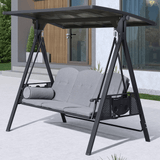 PURPLE LEAF Outdoor Porch Swing with Adjustable PVC Canopy, 3-seat Swing Chair Bench with Side Cup Holder, Cushions and Pillow Included