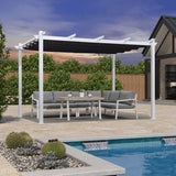 PURPLE LEAF Outdoor Retractable Pergola with Sun Shade Canopy Cover White Patio Metal Shelter for Garden With Curtains
