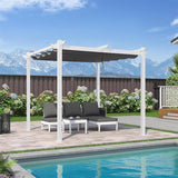 PURPLE LEAF Outdoor Retractable Pergola with Sun Shade Canopy Cover White Patio Metal Shelter for Garden With Curtains