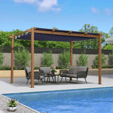 PURPLE LEAF Outdoor Retractable Pergola with Sun Shade Canopy Patio Metal Shelter for Garden Pavilion Natural Wood Grain Frame Grill Gazebo