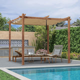 PURPLE LEAF Outdoor Retractable Pergola with Sun Shade Canopy In Natural Wood Grain Frame With Curtains