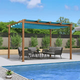 PURPLE LEAF Outdoor Retractable Pergola with Sun Shade Canopy In Natural Wood Grain Frame With Curtains