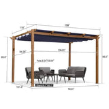 PURPLE LEAF Outdoor Retractable Pergola with Sun Shade Canopy In Natural Wood Grain Frame With Curtains