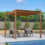PURPLE LEAF Outdoor Retractable Pergola with Sun Shade Canopy Patio Metal Shelter for Garden Pavilion Natural Wood Grain Frame Grill Gazebo