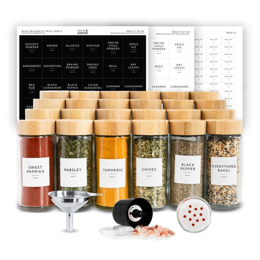 Round Spice Jars with Labels 24 Pack Set