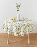 Round linen tablecloth in Citrus garden print on white