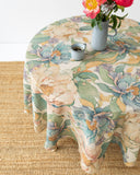 Round linen tablecloth in Vibrant peonies print on natural