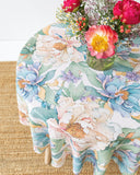 Round linen tablecloth in Vibrant peonies print on white
