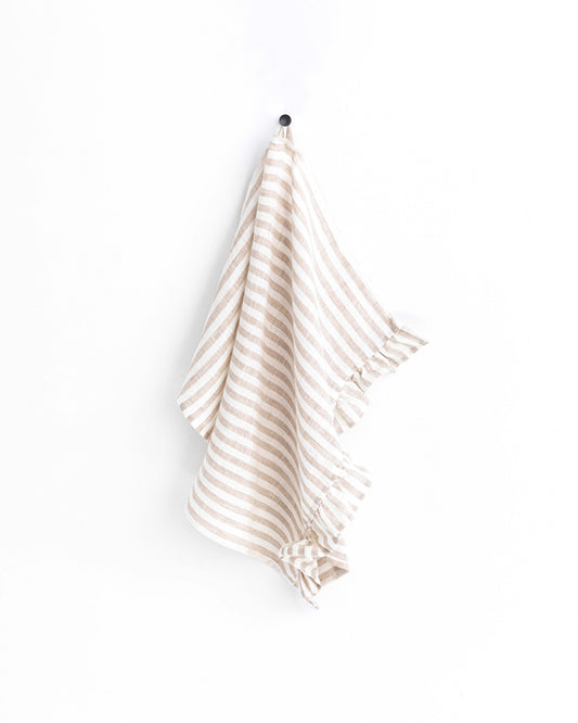 Ruffle trim linen tea towel in Striped in natural