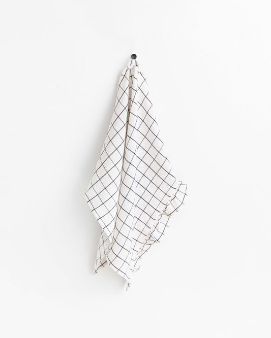 Ruffle trim linen tea towel in Charcoal grid