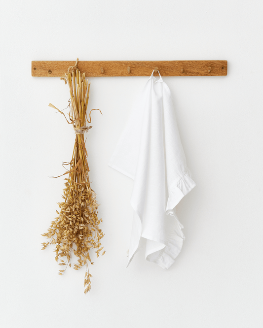 Ruffle trim linen tea towel in White