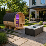 4-6 Person Electric Rock Heater Outdoor Barrel Panoramic Cedar Sauna with 1-Person White Cold Plunge & Built-in Chiller
