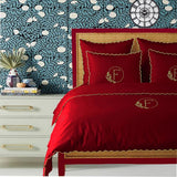 Monogram Burgundy 400TC Cotton Small Scallop Embroidery Duvet Cover Set