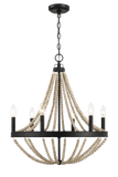 Starry Wood Chandelier Farmhouse Six Candle Light Wood Beaded Black Pendant Light for Dining Room