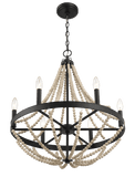 Starry Wood Chandelier Farmhouse Six Candle Light Wood Beaded Black Pendant Light for Dining Room