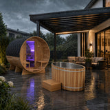 4-6 Person Electric Rock Heater Outdoor Barrel Panoramic Cedar Sauna with 2-Person Cedar Cold Plunge Soaking Bathtub