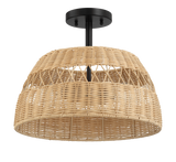Twinkle Double Lights Semi Flush With Rattan Shade Black Metal Finish for Farmhouse Style