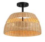 Twinkle Double Lights Semi Flush With Rattan Shade Black Metal Finish for Farmhouse Style