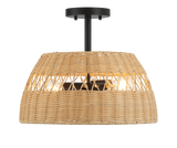 Twinkle Double Lights Semi Flush With Rattan Shade Black Metal Finish for Farmhouse Style