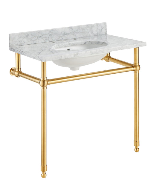 ANZZI Verona 34.5" Wall Mounted Console Sink (34" H), Scratch-Resistant Carrara White Stone Countertop, Ceramic Sink, Optional Frame Finishes