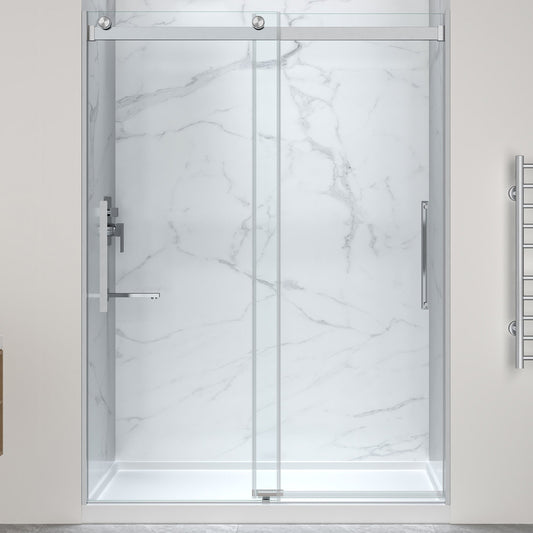 Stellar Series 76 in. x 57-60 in. Sliding Frameless Shower Door with Alcove Center Drain Shower Base - Multiple Finishes