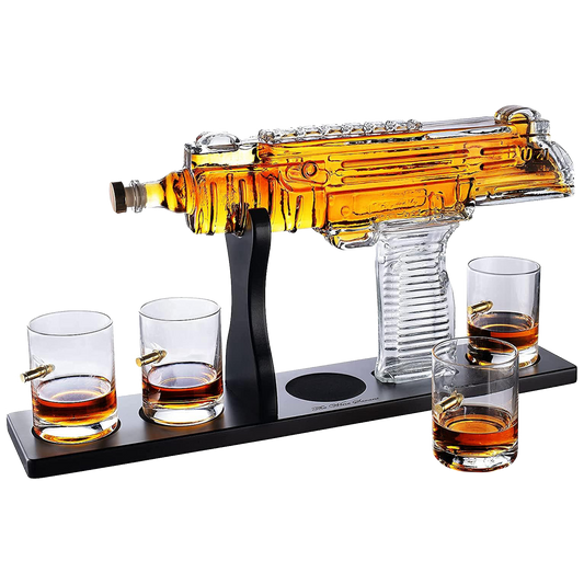 Uzi Submachine Gun Whiskey Gun Decanter and 4 Liquor Glasses
