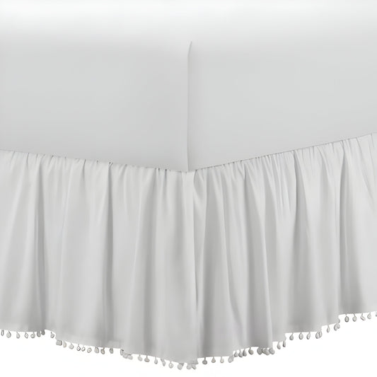 400TC Cotton Pom Fringe Sateen Solid Gathered Boho Bed Skirt