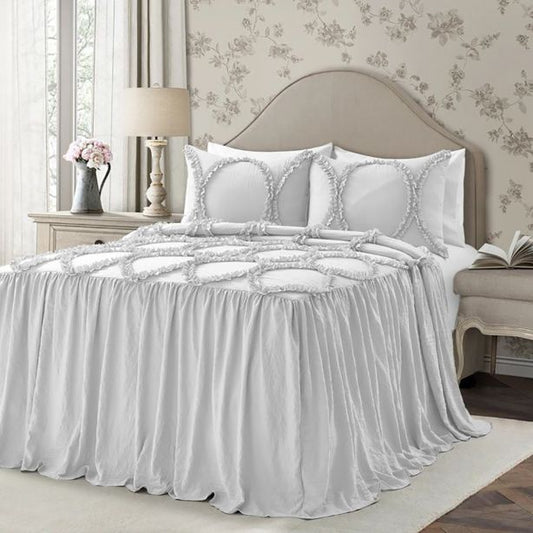 400TC Cotton Sateen Solid Textured Ruffle Bedspread Set