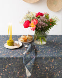 Wildflowers print on deep navy blue linen tablecloth