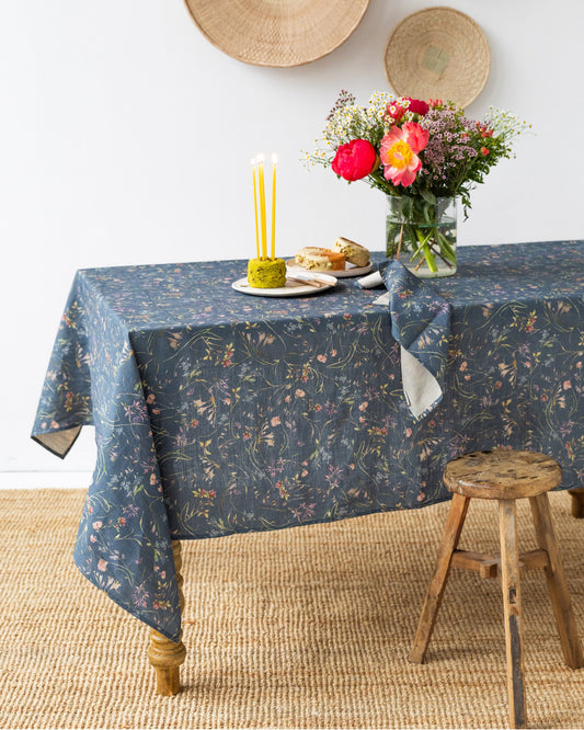 Wildflowers print on deep navy blue linen tablecloth