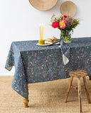 Wildflowers print on deep navy blue linen tablecloth