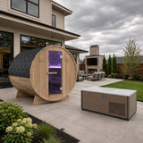 4-6 Person Electric Rock Heater Outdoor White Cedar Sauna with 1-Person Chestnut Cold Plunge with 1-Hp Built-in Chiller