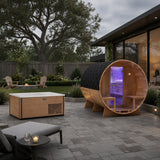 4-6 Person Electric Rock Heater Outdoor Barrel Panoramic Cedar Sauna with 1-Person Chestnut Cold Plunge & 1-Hp Chiller
