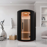 1-2-Person Round Infrared Sauna with Canadian Hemlock Wood, Infrared Heating Panels, Red Light Heater, and Glass Door