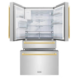 ZLINE Autograph Edition 36" 4-Door French Door Refrigerator, Water, Ice Dispenser, Stainless Steel, Polished Gold Square Handles RFMZ-W-36-FG