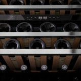 ZLINE 24" Autograph Edition Dual Zone 44-Bottle Wine Cooler in Stainless Steel with Wood Shelf and Matte Black Accents RWVZ-UD-24-MB