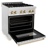 ZLINE 30" Autograph Dual Fuel Range, DuraSnow Stainless, Gold, RASZ-SN-30-G