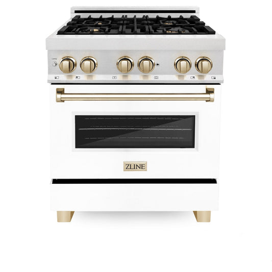 ZLINE 30" Autograph, Dual Fuel Range, White Door, Gold, RASZ-WM-30-G